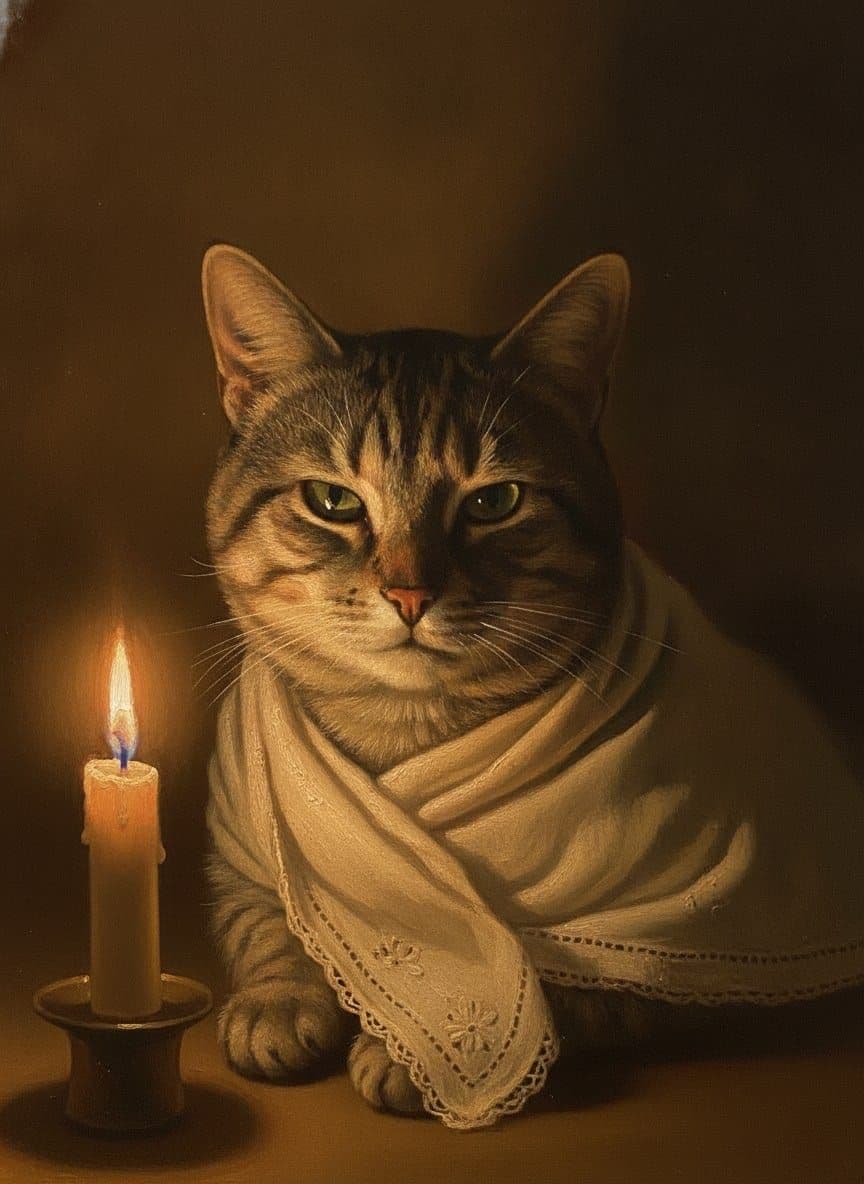 A cat painted in the Candlelit Study style
